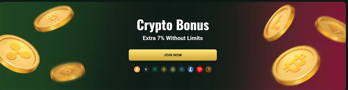 Crypto casino bonus banner promoting an extra 7% without limits, featuring floating gold coins, a gold “Join Now” button, and multiple cryptocurrency icons on a dark gradient background.