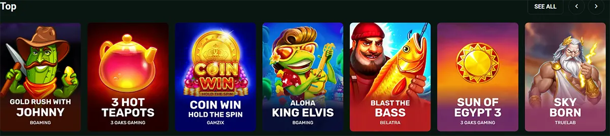 Top casino games row featuring slot titles such as Gold Rush with Johnny, 3 Hot Teapots, Coin Win Hold the Spin, Aloha King Elvis, Blast the Bass, Sun of Egypt 3, and Sky Born on a dark green interface.